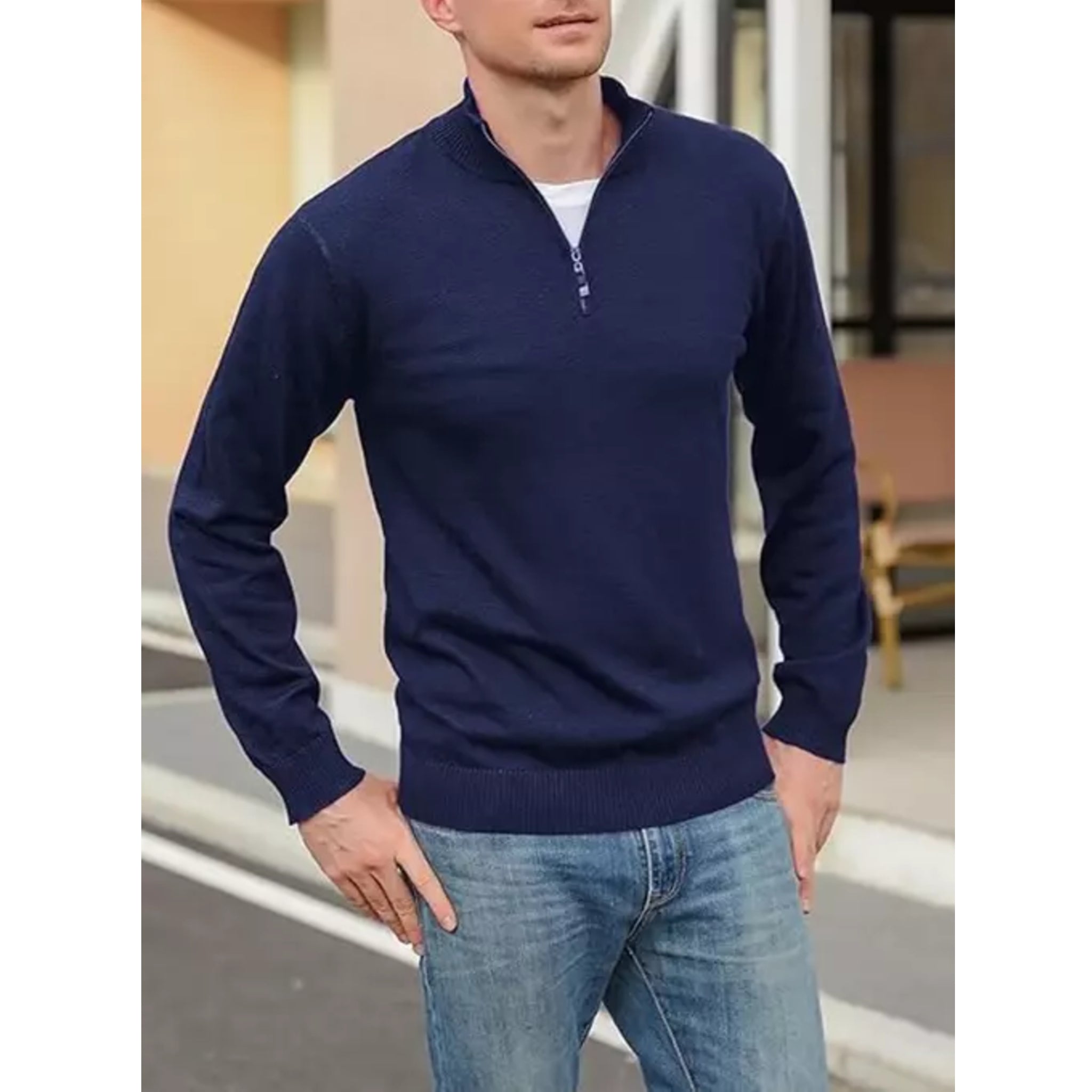 Men's high-quality classic 1/4 zip jumper in navy – long sleeve knit sweater with ribbed cuffs and hem, ideal for smart casual wear